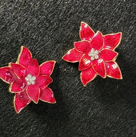 Vtg Eisenberg Ice Red Enamel & Rhinestone Poinsettia Flower Clip Earrings - Picture 6 of 7